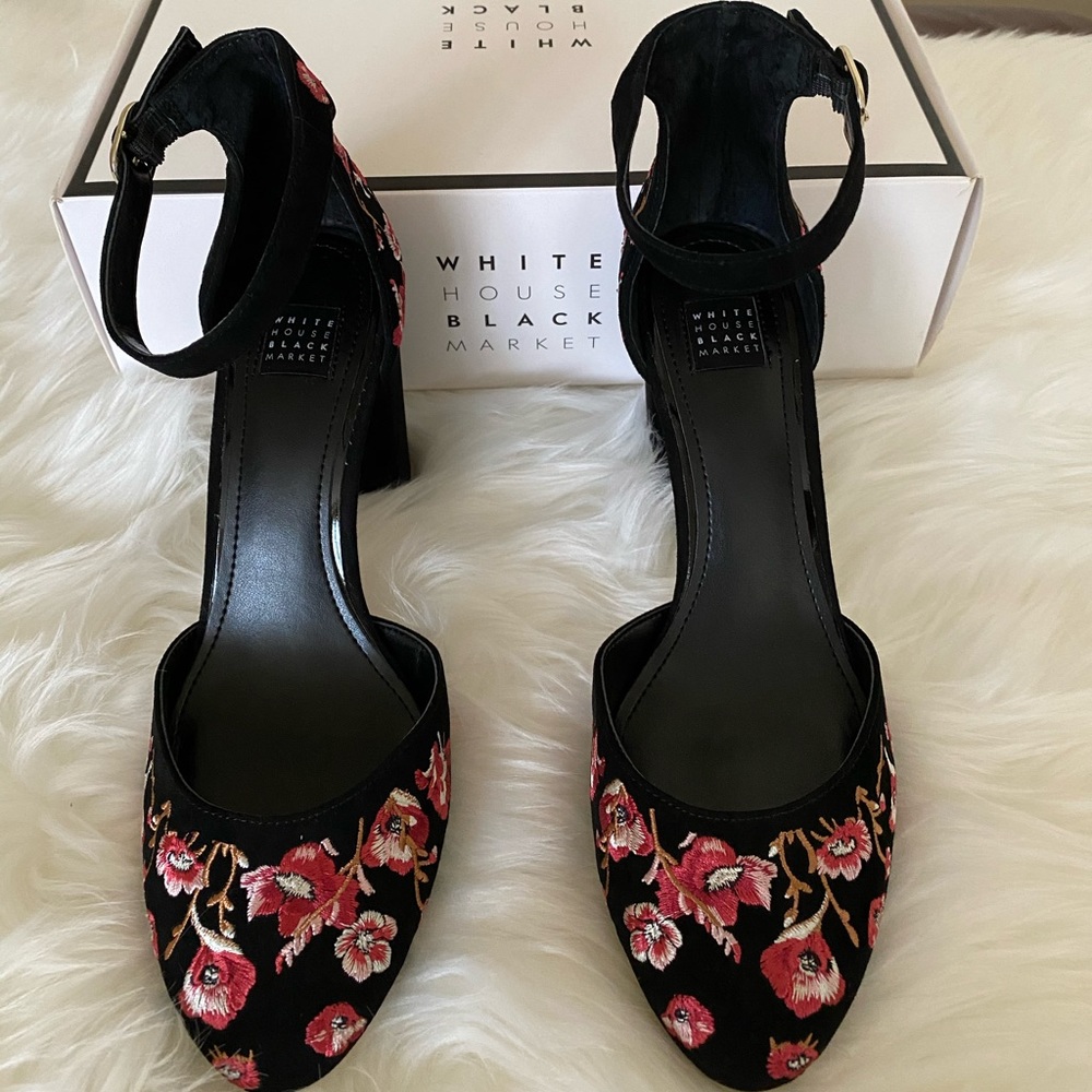 Brand New Black Suede Mary Jane Pumps with Embroidered Pink Floral Designs